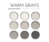 This listing is for a Warm Grays color scheme, created with Benjamin Moore paint colors. I have carefully selected a range of 9 colors for this palette, and included options for walls, trim, furniture, cabinets and doors.  Benjamin Moore has thousands of paint colors, each with their own unique undertones. This can make choosing the right paint colors hard. The colors in this collection were carefully selected to coordinate with each other - this makes choosing the right paint colors a lot easie