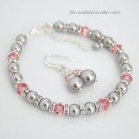 Pink and Grey Bridesmaid Jewelry Set, Swarovski Bracelet and Earrings Set, Pink and Grey Bridesmaid