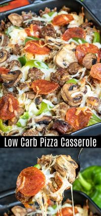 Low Carb Pizza Casserole is an easy keto dinner recipe made with all of your favorite pizza toppings, pepperoni, green peppers, sausage, mushrooms, and lots of mozzarella cheese. It's a low carb pizza casserole with no pasta! An easy low carb recipe for family dinners. #lowcarbdiet #ketodiet #keto #lowcarb #ketorecipes #pizza #casserole #homemadeinterest