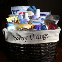 Create your own giftbasket!----Include products that a new mom would use daily.  Items like... Gas Relief Drops, Infant Tylenol, Paci Wipes, Diapering Items (Wipes, Lotion, Powder, Rash Cream), Nipple Cream, Nursing Pads, Boogie Wipes, Baby Sunscreen/lotion, Teething Tel, Teethers, Bathtime Items (Shampoo, Conditioner, Lotion),  Nasal Aspirator, Ear Thermometer, etc-  Pinterest Fav!