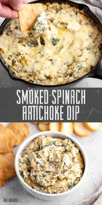 Looking for the perfect appetizer for your next party or get together? You've found it! This spinach artichoke dip is super creamy, cheesy, and has just the right amount of smoke flavor. This is one dish that is sure to be a crowd pleaser. #spinachartichoke #spinach #artichoke #dip #appetizer #easy #smoked #gameday #biggame #cheesy #thegrillingguide