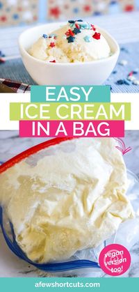 No machine needed for this Easy Ice Cream in a Bag Recipe! This delicious vanilla ice cream is ready in minutes! Fun recipe to make with the kids! | @AFewShortcuts #recipes #dessert #icecream #kidfood #kids #summer #vegan