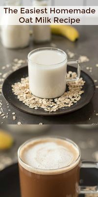 This really is The Easiest Homemade Oat Milk Recipe. Old-fashioned rolled oats are simply blended with water, filtered and then you have oat milk. #oatmilk #diaryfreemilk