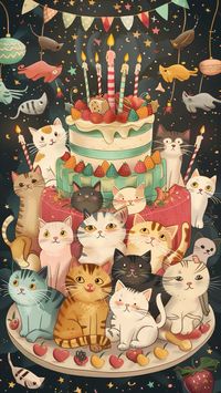 котики, happy birthday, с днем рождения, торт со свечами