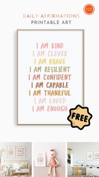 Start your day on a positive note with our free daily affirmations printable art for kids! Mindfulness is a powerful tool in helping children develop self-love and self-confidence. This free resource includes an affirmations print, plus a "my feelings" coordinating nursery art print. Download and print these affirmations to hang where your children can easily access them, then save & share this pin to spread the positivity!