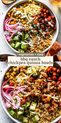 BBQ Ranch Chickpea Quinoa Bowls are perfect for make-ahead lunches. Featuring BBQ-glazed chickpeas, fire-roasted corn, pickled red onions, sharp cheddar, and quinoa with a healthy yogurt ranch dressing. Vegetarian, gluten free, and so flavorful.