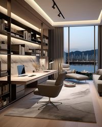 Escape to a world of creativity and focus in this chic home office. Modern art, stylish decor, and an amazing view make every workday extraordinary