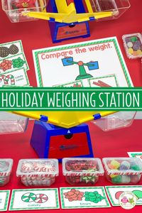 Fill small containers with holiday-themed materials & create a Christmas weight activity for your kids. This balance scale measurement activity includes LOTS of ideas for a fun, hands-on math or STEM center in your classroom. Easily adapt this activity to fit a Christmas theme, gingerbread theme, or winter theme unit or for your December or January lesson plans in a #preschool, #prek, or #kindergarten classroom. #gingerbreadtheme #christmasactivitiesforkids #preschoolmath #christmastheme