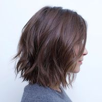 Shaggy Straight Cut Lob bob Messy With Jagged Ends face framing highlights, rich brunette color