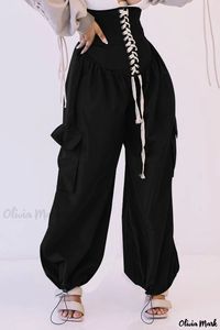 Olivia Mark - Solid Black Casual Streetwear: Bandage Patchwork High Waist Wide Leg Trousers