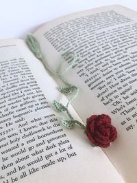 ✨ This bookmark is a rose with a tassel on the end!  Feel great about reading with this pretty little rose in your book.  Makes a great gift or party favour for showers, weddings, birthdays, etc. ✨ Handmade in Toronto, Canada. ✨ Colour options pictured as "available upon request" can be made to order.  Other colours (not pictured) may be available for special order - inquire for details. ✨ MATERIALS:  All roses and stems are 100% mercerized cotton.  [Some of the options pictured as "available up