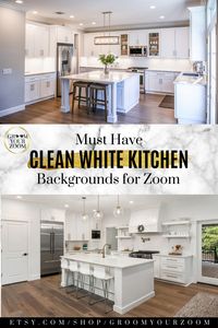 Show off these clean white kitchens during your next Zoom meeting or virtual class. These zoom backgrounds offer a quick change of environment to cover a messy room or keep your home private. Click to get these and other amazing Zoom backgrounds. #zoombackground #virtualbackground #whitekitchen #zoommeeting #modernkitchen