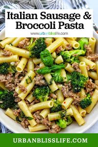 This Italian sausage and broccoli pasta is a hearty, satisfying dinner that you can make in under 30 minutes. Get the recipe plus more 30-minute recipes at UrbanBlissLife.com.