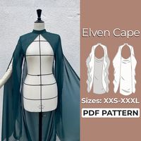 "Meet the --ELVEN CAPE--a digital sewing pattern!!   Sewing Level--Intermediate Pattern Language - English only  Pattern Features -- Fitted bodice High-neckline Center back button closure Long, flowing, flared &  removable  cape  Split Flowy Sleeves Sizes --XXS-XXXL  Seam Allowance --3/8\" (1cm) already included Sewing Tools / Equipment -- - sewing machine - narrow hem presser foot - overlock (optional) - measuring tape - scissors - pins or clips - coordinating thread - fabric marker - hand sewing needle - seam ripper Notions -- - interfacing / binding (with glue) 8\" X 3\" (20 X 8 cm) - 1 x 3/8\" (0.8mm) button - 2 x 0.5\" (1cm) button  Fabric Type--Woven  / non stretch fabric  Recommended Fabrics --This pattern requires two types of fabric. One is for the body and the collar the other is