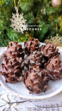 HEALTHY CHOCOLATE ALMOND PINECONES🎄 with a 5-ingredient #nobake SWEET POTATO BROWNIE centre👌🏼 Cute, impressive & absolutely delicious!  By nutriholist  Sweet Potato Brownies: 1/2 cup coconut flour 1/2 cup raw cacao powder 1/2 cup nut or seed butter of choice (e.g. almond butter, peanut butter, or sunflower seed butter) 1/3 cup pure maple syrup 1/2 cup cooked & mashed sweet potato Pinch of sea salt  ~1 cup sliced almonds 150 g dark chocolate, melted ( I used 70%) 1-2 tsp coconut oil 1 Tbsp unsweetened coconut flakes, pulse in a small blender or coffee/spice grinder  1. Mix the brownie ingredients in a bowl or in the food processor until there are no lumps left.  2. Shape brownies into small cones (~2 inches tall) using your palms and fingers.  3. Insert sliced almonds starting from the