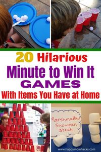 Easy & Fun Minute to Win It Games with items you have at home. Quick 1-minute games to play at birthday parties, holiday parties, classroom parties, or family game nights. The games are hilarious to watch and fun to play. Pick a few of these party games and play them at your next kid's party. It's sure to be a big hit!