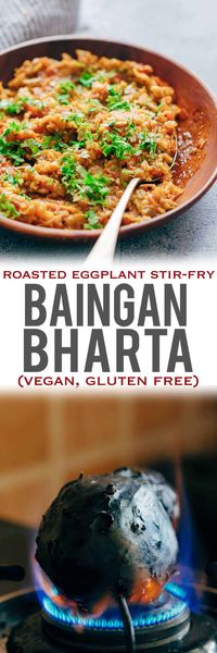 This easy baingan bharta recipe is one of those Indian curries thats going to be a sure shot hit at home! Baingan (eggplant/aubergine) is studded with garlic and roasted on an open flame, and then stir-fried with aromatics for the most delicious smoky flavour. Directions for making it in the oven too. via @my_foodstory