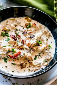 Creamy, cheesy, delicious Crack Chicken prepared in the Instant Pot with chicken breasts, cream cheese, bacon, and ranch seasoning.