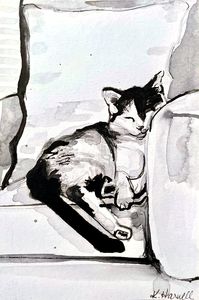 The Napping Cat art print is now available as an image file! No shipping required. With this purchase you will receive an image file to download and print at your local print shop. *Original artwork created by Kelly Harwell in pen and ink on vellum bristol paper.