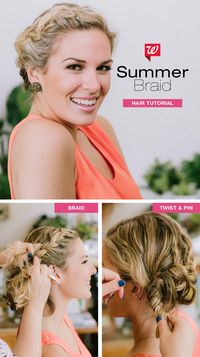 Style your hair in a no-fuss, easy summer ‘do—perfect for short tresses! First braid your hair tightly at the crown, continuing to the back as far as your hair will take you. Then tuck and pin the ends for a cute updo!