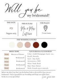 Make your bridesmaid proposal unforgettable with our beautifully designed Canva template! This easy to edit template allows you to create a personalized and stunning proposal card that will leave a lasting impression. Featuring elegant fonts, customizable colors, and space for your own heartfelt message, this template ensures your bridesmaids feel special and appreciated. Perfect for adding a touch of charm and creativity to your wedding planning. Download, customize and print or share digitally