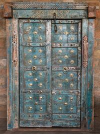 Antique Blue Jaipur Door, Teak Haveli Doors Carved Brass Distressed Heritage Doorway