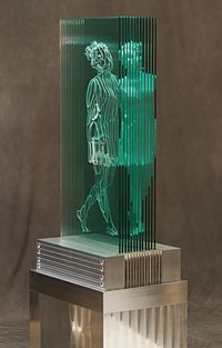 At the intersection of art, science, and technology, Jed Malitz creates life-size glass sculptures of human figures within architectural forms. The New