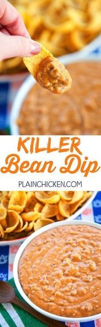 KKiller Bean Dip - only 5 ingredients! Refried beans, hamburger, taco seasoning, salsa and Velveeta. Can make on the stove or in the slow cooker. This stuff is CRAZY good! Great for tailgating!! I could make a meal out of this dip. Great Mexican dip!!