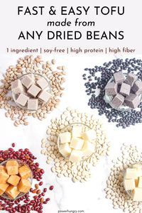 Make your own tofu with any dried beans! It is fast, super-easy, endlessly versatile, and made with the dried beans of your choice (plus water, and optional salt).#driedbeantofu #driedbeans #beantofu #highprotein #1ingredient #diytofu #easytofurecipe #soyfreetofu #homemadetofu #vegan #veganprotein #legumes #veganmeat #vegandinner #oilfreevegan #wfpb #oilfree #grainfree #glutenfree #beans #plantbased #bagofbeans