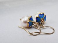 14k Solid Gold French Ear Wire Option Creamy White Baroque Pearls Cloisonne Hand Painted Bead Caps Gorgeous Pearl Earrings Wulfgirl