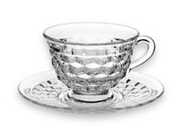 -Footed Tea cup and saucer sets -American Clear (Stem 2056) by FOSTORIA - Vintage Fostoria Footed Tea Cup and Saucer in the American pattern - 4 available, each sold separately.  -Excellent condition with no chips or damage. * Height: 2 5/8 in * Width: 3 1/2 in * Special Characteristics: 018 064 * Pressed/Pat Gls * Crafted In United States