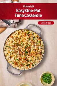 The magic of this Easy One-Pot Tuna Casserole is that you add the pasta dry and it cooks right in the skillet! Sauté some celery in butter for the first layer of flavor, add the soup, water and pasta and simmer! The pasta soaks up some of the creamy sauce for extra flavor. Add the tuna and sprinkle with a topping of cheese and crushed croutons- this Easy One-Pot Tuna Casserole couldn't be easier!