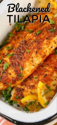 Blackened Tilapia is a delicious blackened fish recipe that is on the table in under 10 minutes!  Perfect for a quick weeknight meal and so easy to make! #spendwithpennies #blackenedfish #blackenedseasoning #fishrecipe #blackenedtilapia #tilapiareicpe #easyrecipe #quickrecipe #cajunrecipe #cajunseasoning