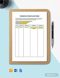 Instantly Download Tender Action Plan Form Template, Sample & Example in Microsoft Word (DOC), Google Docs, Apple (MAC) Pages Format. Available in A4 & US Letter Sizes. Quickly Customize. Easily Editable & Printable.