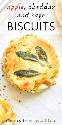 Apple, Cheddar and Sage Biscuits ~ enjoy these cheesy biscuits for breakfast, with a warm bowl of soup, or in a Thanksgiving bread basket! These flaky biscuits are laminated with fresh sage for a pretty presentation.