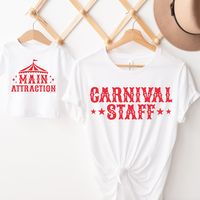 Carnival Staff Birthday Shirt, Ring Leader Birthday Shirt, Circus Birthday Outfit, Matching Family, Mommy and Me Shirts Welcome to Christi Creations! Here you will find that unique outfit for a special birthday! We have been in business over 14yrs here on Etsy and can assure you that you will receive 5 Star service! Thank you for supporting our small family business:) You may choose: ~Ring Leader ~Main Attraction ~Carnival Staff ~Carnival Security ~Sister Unisex Gildan dry blend or Bella Canvas