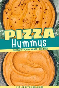 This incredibly flavorful Pizza Hummus might become your new favorite hummus recipe! It's oil-free and low fat yet still loaded with tons of herby, cheesy, tomato-y flavor. Use this amazing pizza hummus as a delicious dip, or spread it on sandwiches, flat breads, or mix it into pasta and cooked veggies! If you have been wondering how to make hummus without oil or just want to mix things up, try this awesome pizza dip!