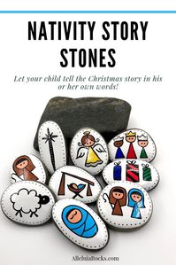 Let your child tell the story of Christ's birth in his/her own words! This set of hand-painted beach stones are a fun, tactile way to learn and talk about the birth of Jesus. They feature cute nativity figures with big faces and vibrant colors. CLICK to see more images. #nativitystorystones #birthofjesusstory #christmasstorystones #storystones #alleluiarocks