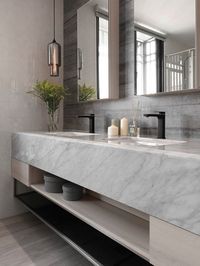 | INTERIOR + BATHROOMS | for a contemporary look, marble countertops with under mount sinks and open shelving below