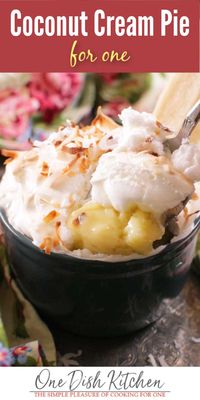 An easy single serving coconut cream pie recipe featuring a rich custard filling and topped with an simple meringue topping. Made with just one egg and plenty of toasted coconut, it’s the perfect dessert for one! | One Dish Kitchen