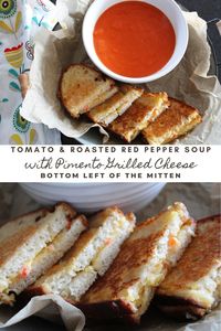 This homemade tomato and roasted red pepper soup with a side of pimento grilled cheese sandwiches is the ultimate soup and sandwich combination.