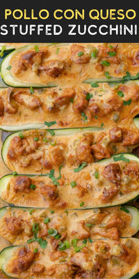 These Pollo con Queso Zucchini Boats are the PERFECT cheesy weeknight meal! This low carb recipe comes together in about 30 minutes for an easy keto dinner. This easy chicken recipe is the perfect blend of healthy and comforting!