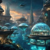 "Dive into an advanced underwater city with glowing domes, bioluminescent sea creatures, and innovative transportation systems. Experience the serene beauty and technological marvels of this aquatic metropolis."