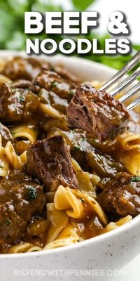 This savory beef and noodles recipe will chase the chill off a cold day! Stew beef is dredged in flour, browned, then slow-cooked in the oven or crock pot, with savory herbs and aromatic vegetables until soft and tender. Then, use the pan juices to make a rich gravy and serve over egg noodles, with a side of broccoli or peas! Try adding leftovers to soups or stir fried dishes with rice. #beefandnoodlerecipe #beefandnoodles #recipe #spendwithpennies 