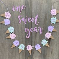 Pink Pastel Rainbow Ice Cream Cone Monthly Milestone Banner With Clips; One Sweet Year; Ice Cream Social Party; First Birthday; Baby; 1st