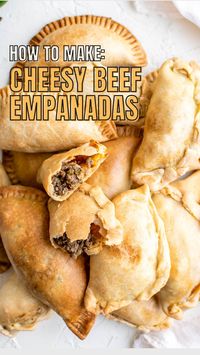 40min · 16 servings     FULL RECIPE: https://thenovicechefblog.com/cheesy-beef-empanadas/  INGREDIENTS:   • 2 tablespoons olive oil  • 1 small white onion, diced  • 1 jalapeño, deseeded and diced (optional)  • 2 garlic cloves, minced  • 1 lb ground beef  • 1 teaspoon salt  • 1 teaspoon ground black pepper  • 1 teaspoon cumin powder  • 1 teaspoon dried, ground oregano  • 12-15 (6-inch round) empanada wrappers (homemade or store bought)  • 8 oz Colby jack cheese, freshly grated  • 1 egg  • 2 tablespoons of water  FULL RECIPE: https://thenovicechefblog.com/cheesy-beef-empanadas/