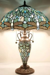 WERFACTORY Tiffany Table Lamp Sea Blue Stained Glass Dragonfly Style 16X16X24 Inches Mother-Daughter Vase Desk Reading Light Decor Bedroom Living Room Home Office S147 Series Affiliate link