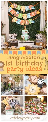 Check out this fun Jungle/Safari 1st Birthday party! The jungle inspired decor is so cute! Love the animal balloons!! See more party ideas and share yours at CatchMyParty.com