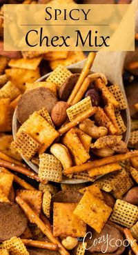 This Spicy Chex Mix recipe has bold flavors and a spicy kick that's perfect for holiday snacking. It also makes a great gift for Christmas! #snacks #homemade #giftideas #crackers