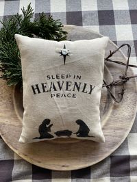 Just love this song...What a sweet little reminder of what Christmas is all about! This pillow would be adorable in a tiered tray, tucked in a Christmas tree or dough bowl, or layered with Christmas greens and other pillows.  *For decorative purposes only  Each of my canvas pillows are individually hand stenciled on a warm beige canvas, this one is stenciled in black and has an antique button sewn in the Star.  (This pattern can also be done stenciled on wood) Please see all of my Christmas offerings here at SpeckledHenShop on Etsy and follow me on FB at Speckled Hen Primitives.